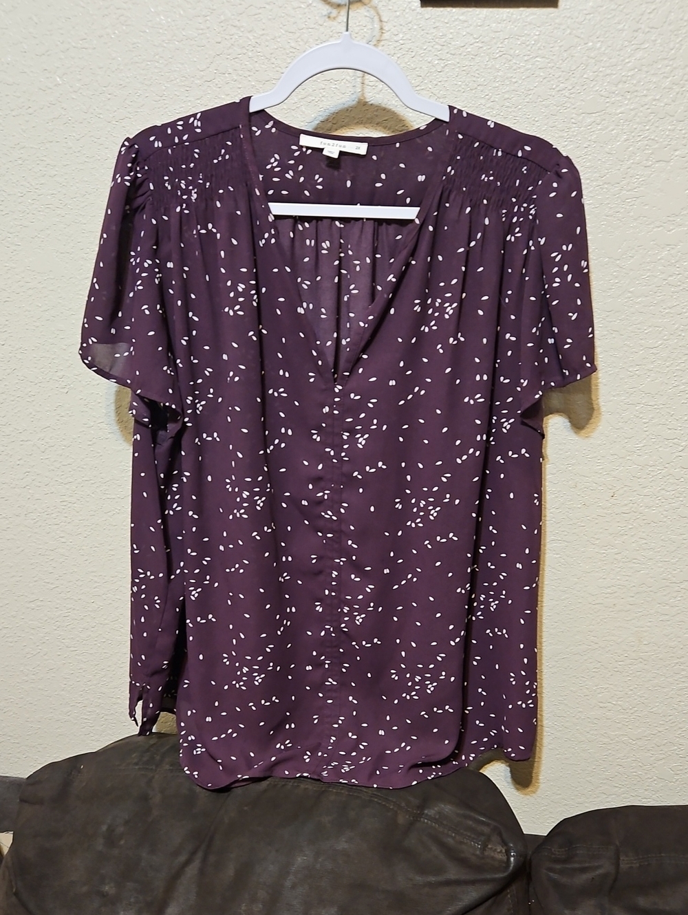 fun 2 fun Plum Dot-Print V-Neck Flutter-Sleeve Blouse